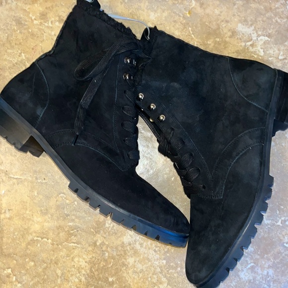 New Kate Spade Black Suede Sherpa Trimmed Lace Up Booties Silver Hardware - Picture 1 of 9
